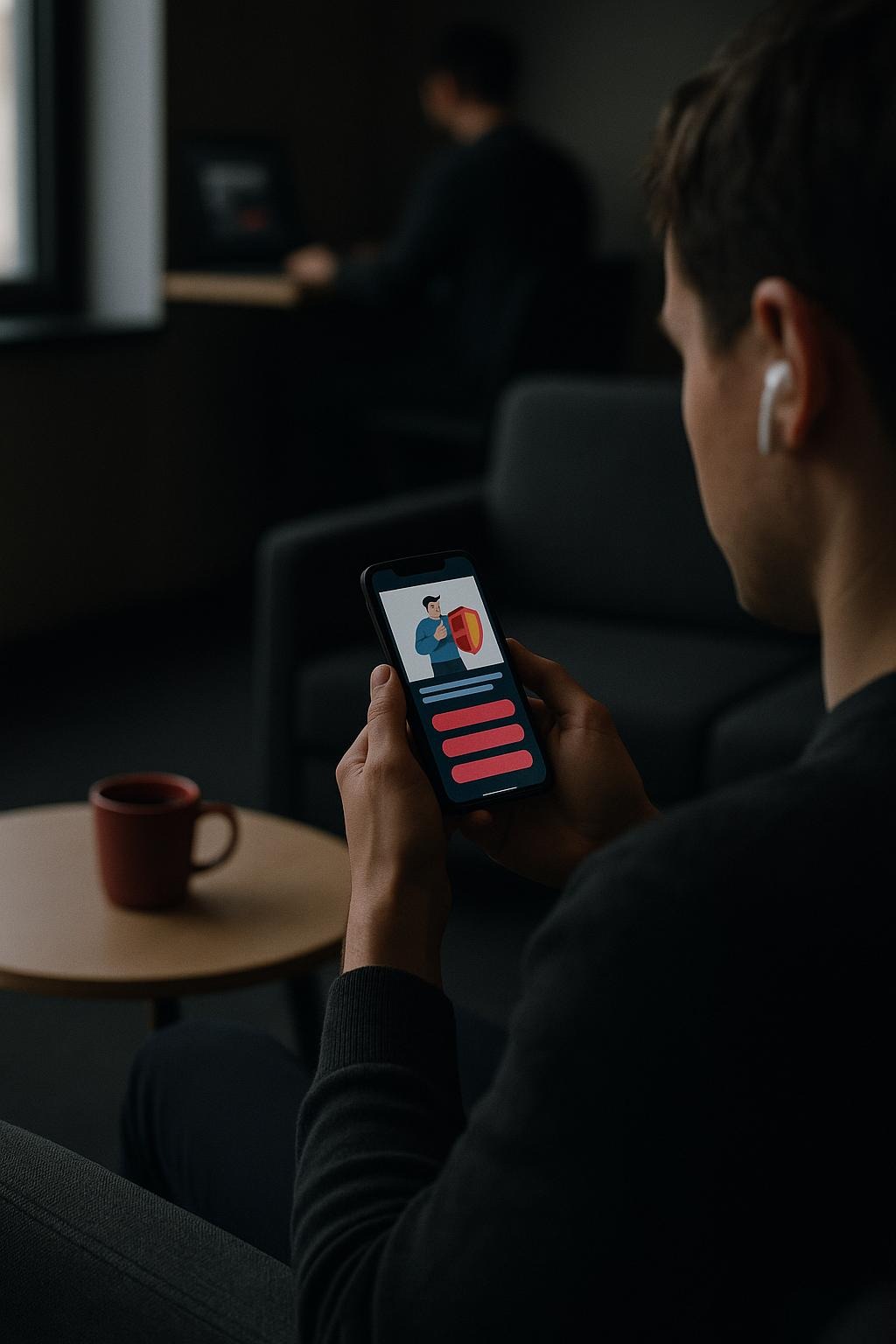 Un collaborateur suit une courte leçon sur son smartphone, écouteurs aux oreilles