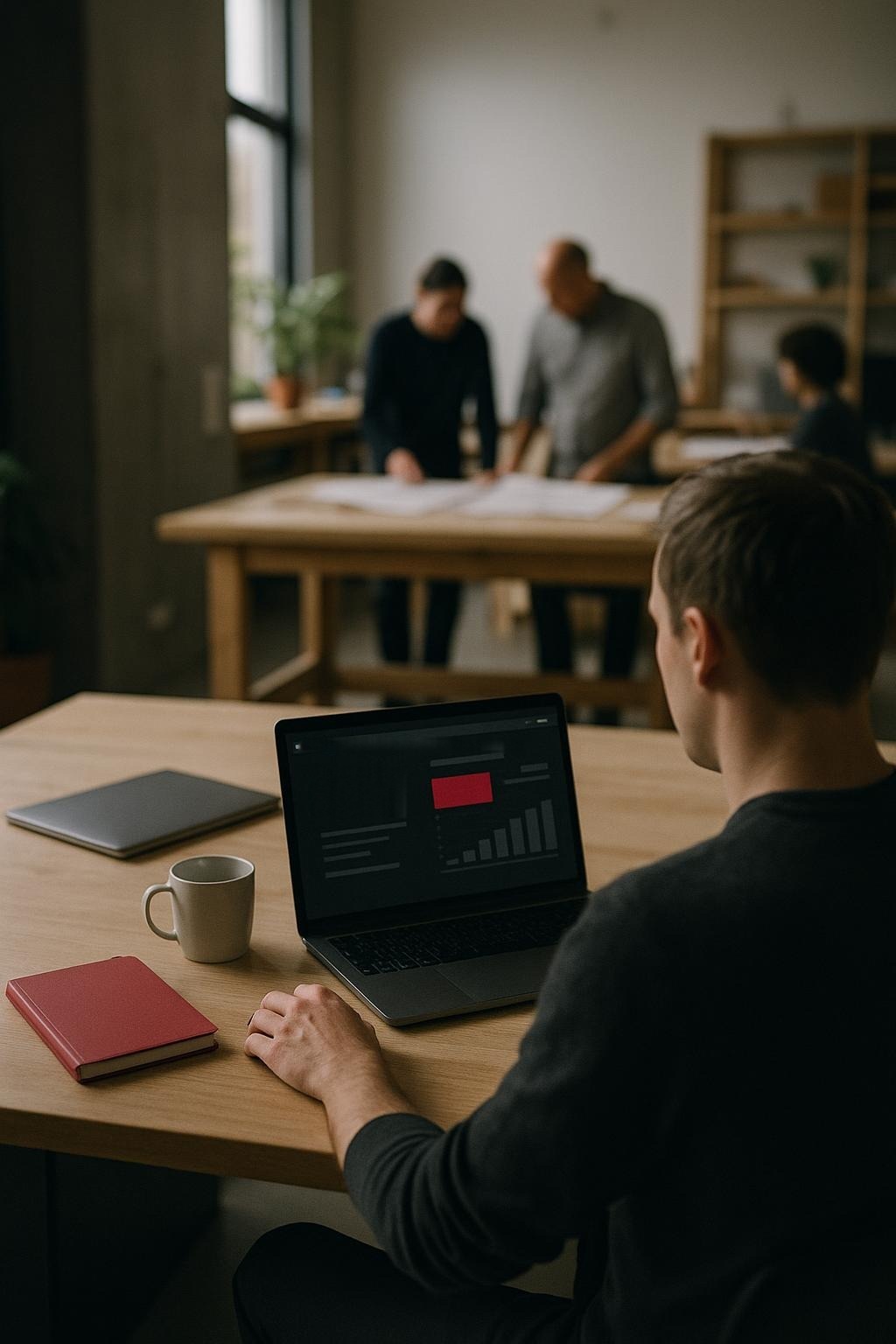Un petit atelier au travail, un collaborateur à son ordinateur au premier plan