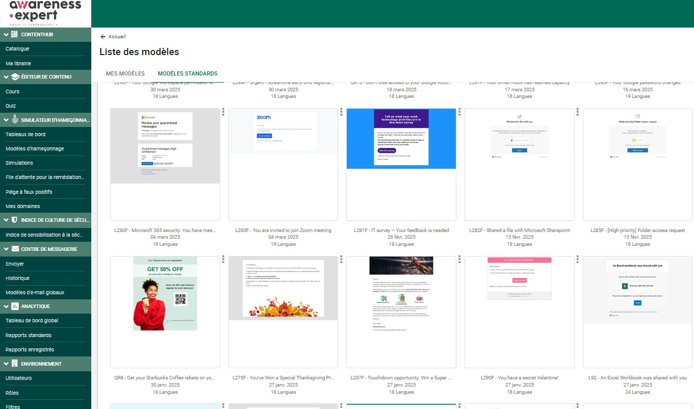 Liste des modèles de simulation de phishing dans la plateforme : aperçus, dates de publication et nombre de langues disponibles